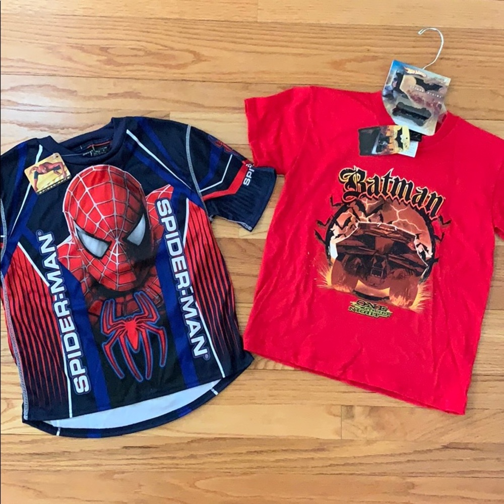 Spider-Man and Batman shirts, NWT, navy/red, sz 7